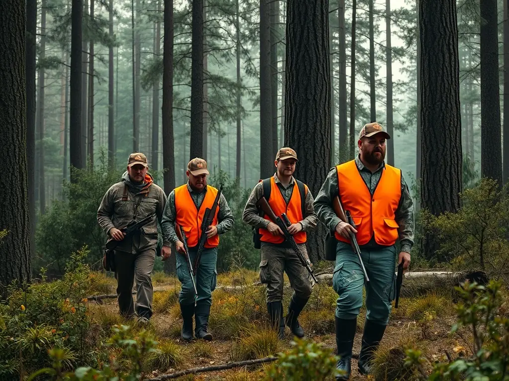 A photograph of hunters participating in a regulated hunt in a managed forest area, emphasizing the organization's commitment to ethical and sustainable hunting practices.