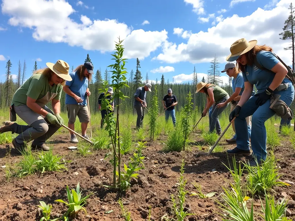 Volunteers planting trees in a deforested area, highlighting habitat restoration and biodiversity enhancement initiatives.