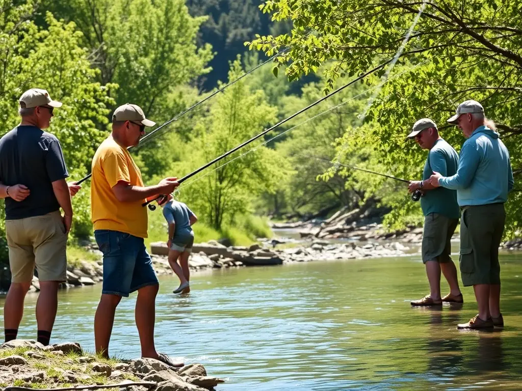 A photograph featuring anglers fishing in a river, highlighting the sustainable recreational activities promoted by AMICALE DE CHASSE DE LA MALIGNIE.