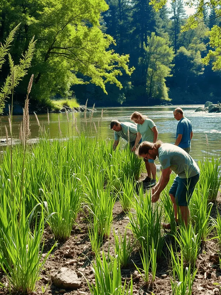 A photograph depicting volunteers planting native trees along a riverbank, showcasing habitat restoration efforts by AMICALE DE CHASSE DE LA MALIGNIE.