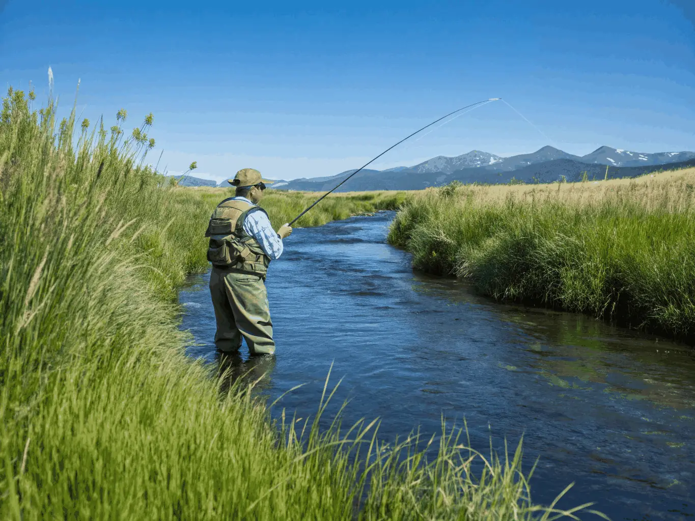 A serene image of anglers fishing in a clear, calm river, surrounded by lush greenery, showcasing the peaceful and sustainable fishing practices promoted by AMICALE DE CHASSE DE LA MALIGNIE.