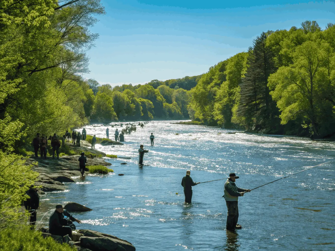 Anglers fishing in a clear river, emphasizing responsible fishing practices and the importance of aquatic resource management.