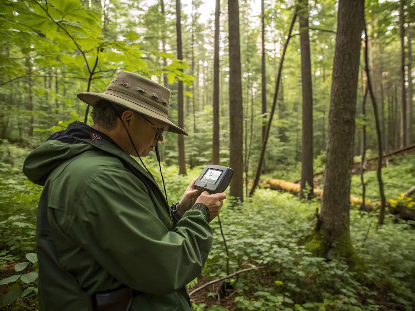 A photograph showcasing a wildlife biologist tagging a deer in a forest, representing the wildlife management and research activities of AMICALE DE CHASSE DE LA MALIGNIE.