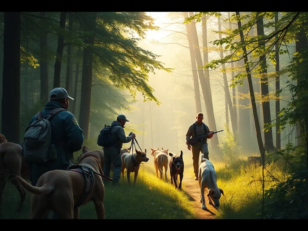 A group of hunters participating in a controlled hunt in a forest, focusing on sustainable wildlife management and conservation efforts.
