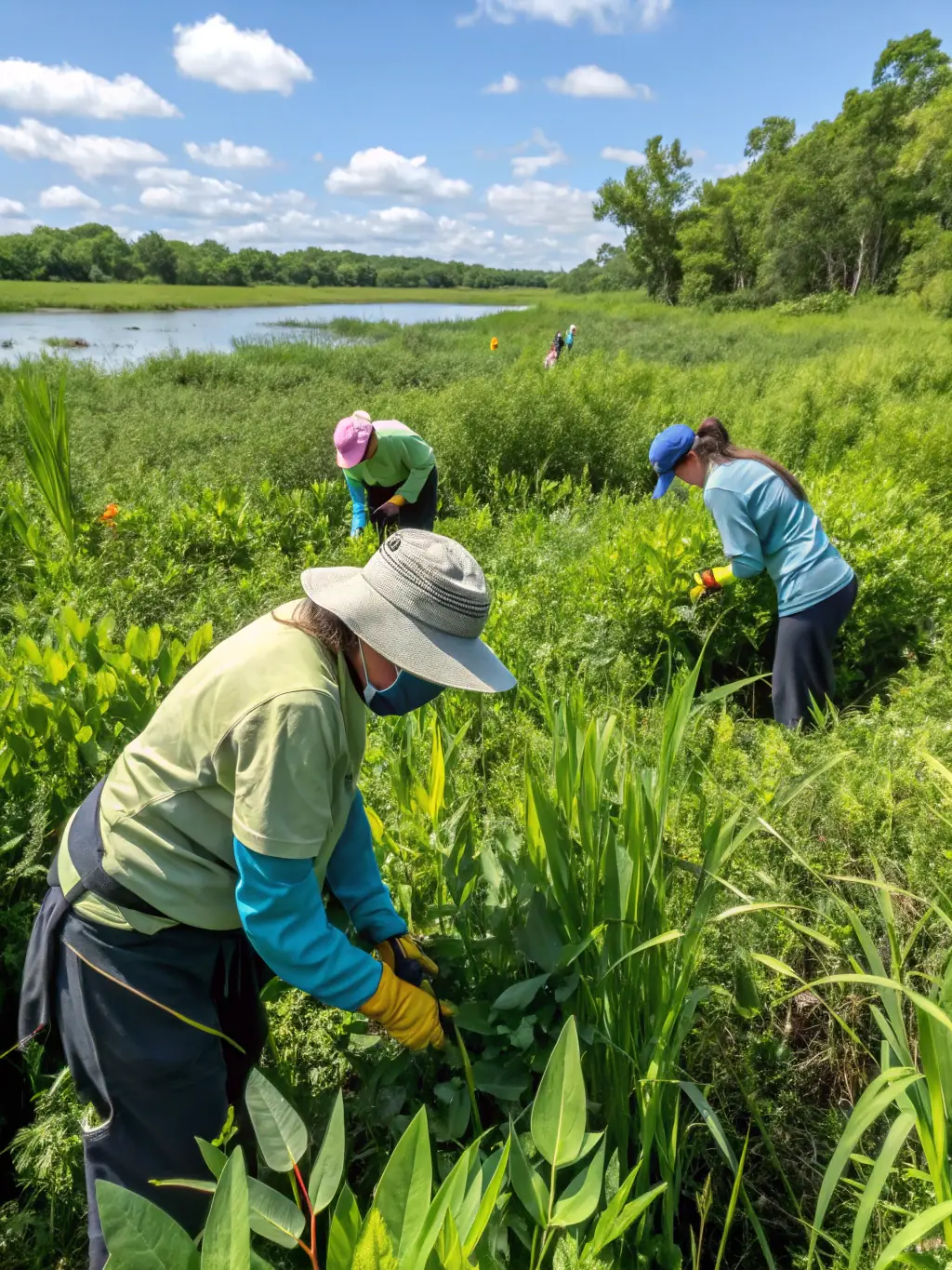 A photo of volunteers removing invasive plant species from a forest area, demonstrating invasive species control efforts by AMICALE DE CHASSE DE LA MALIGNIE.
