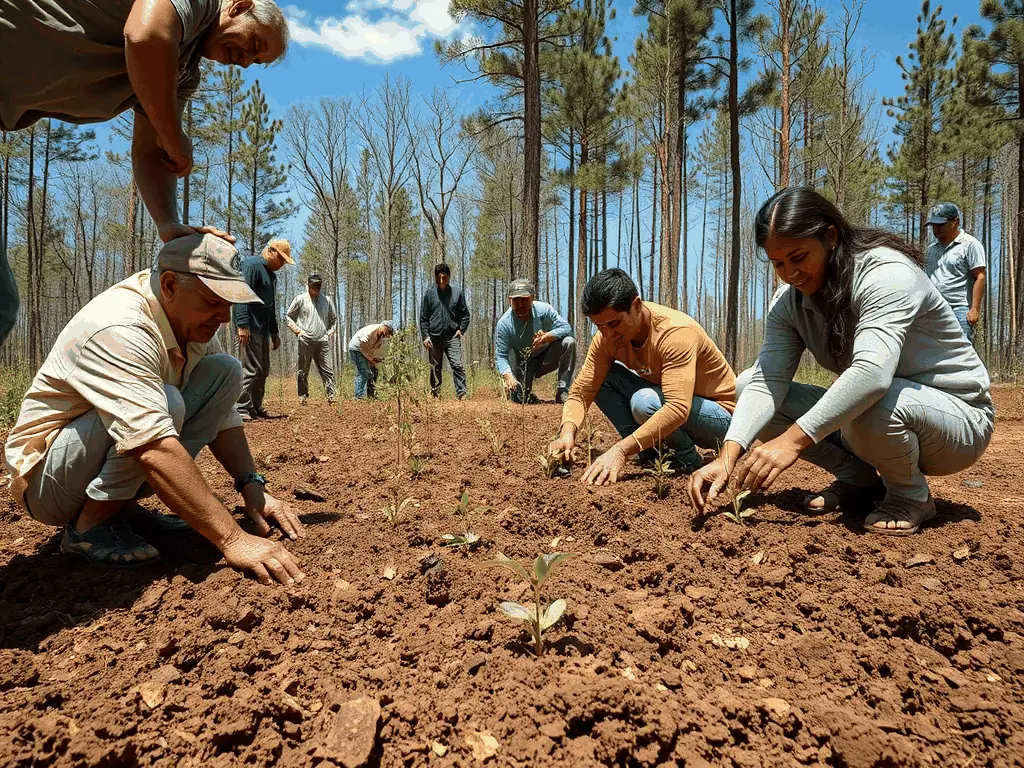 A photograph depicting a group of volunteers planting trees in a deforested area, illustrating habitat restoration efforts by AMICALE DE CHASSE DE LA MALIGNIE.