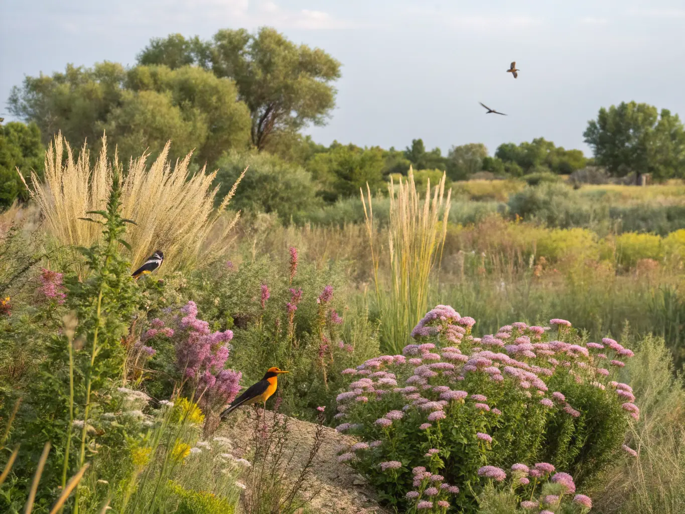 A serene landscape showing a protected wildlife habitat with diverse flora and fauna, symbolizing habitat protection efforts by AMICALE DE CHASSE DE LA MALIGNIE.