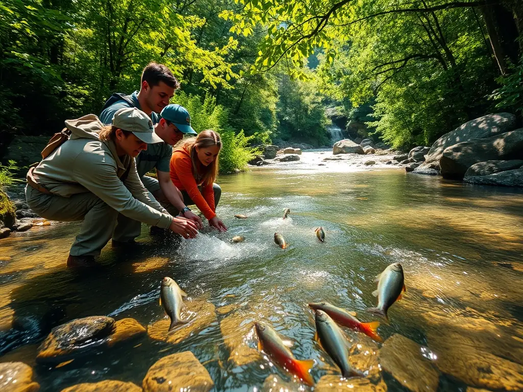 A group of volunteers releasing native fish species into a local river, representing the species restocking program of AMICALE DE CHASSE DE LA MALIGNIE.